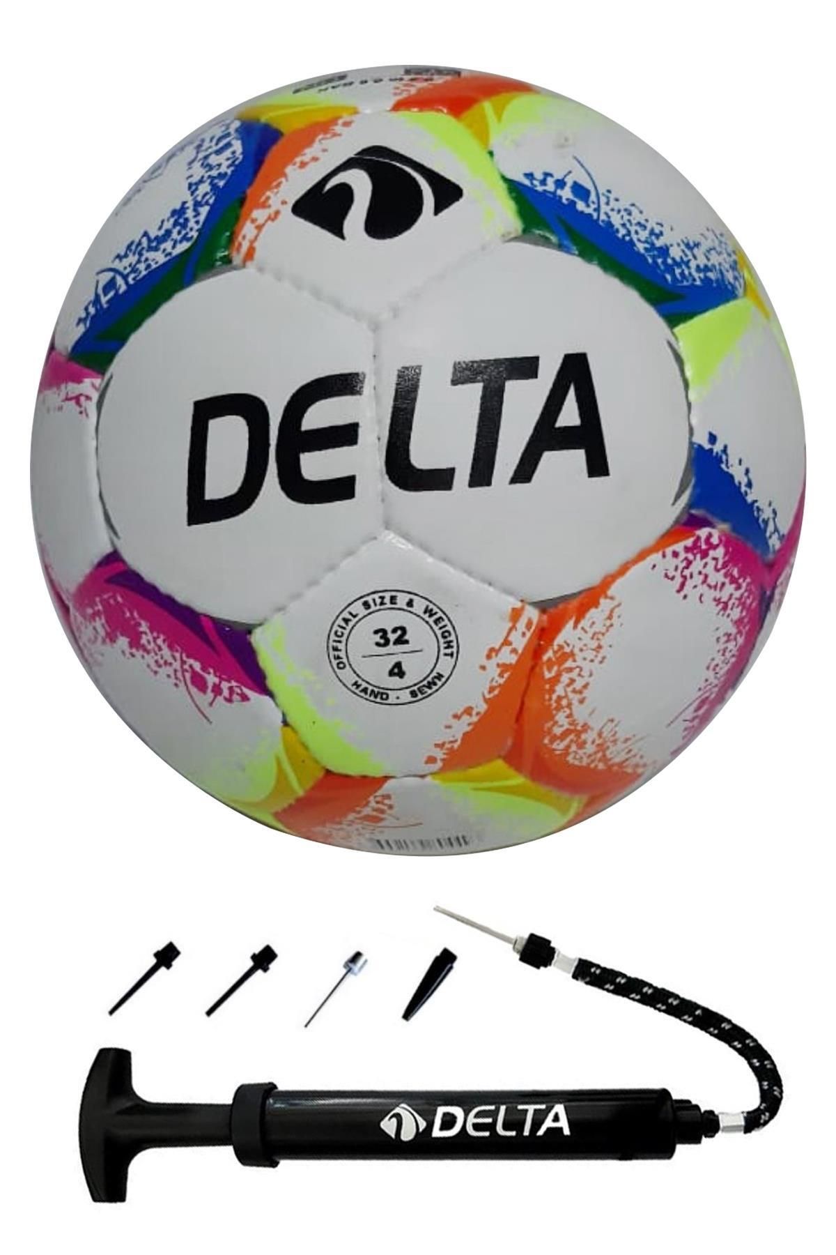 Delta Castelo El Dikişli 4 Numara Dura-Strong Futbol Topu + Çok Fonksiyonlu Top Pompası İkili Set