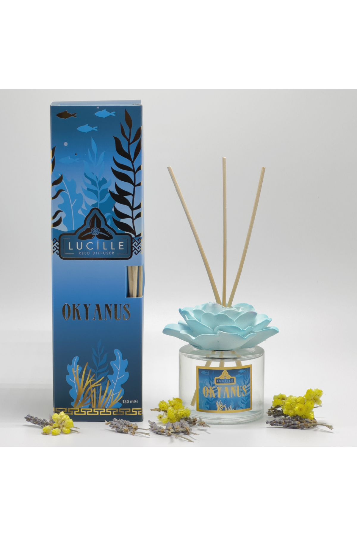 Lucille Beauty Lucille Okyanus Koku Veren Mavi Lotus Çiçekli 130 Ml Çubuklu Oda Kokusu Özel Şişe Ve Kalıcı Esans