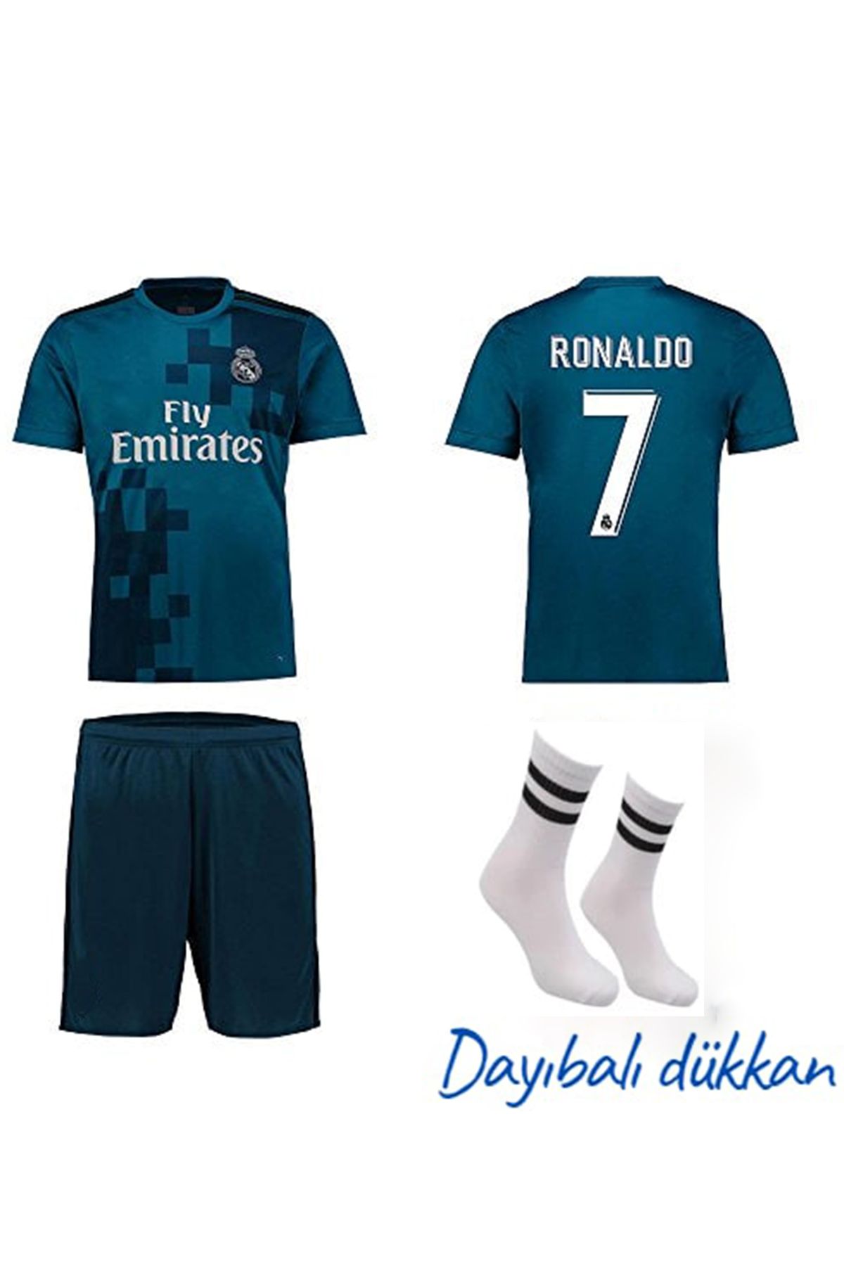 DAYIBALI DÜKKAN Dayıbalı Real Madrid Cristiano Ronaldo 2017/18 Turkuaz Cocuk Forma Şort Çorap Seti
