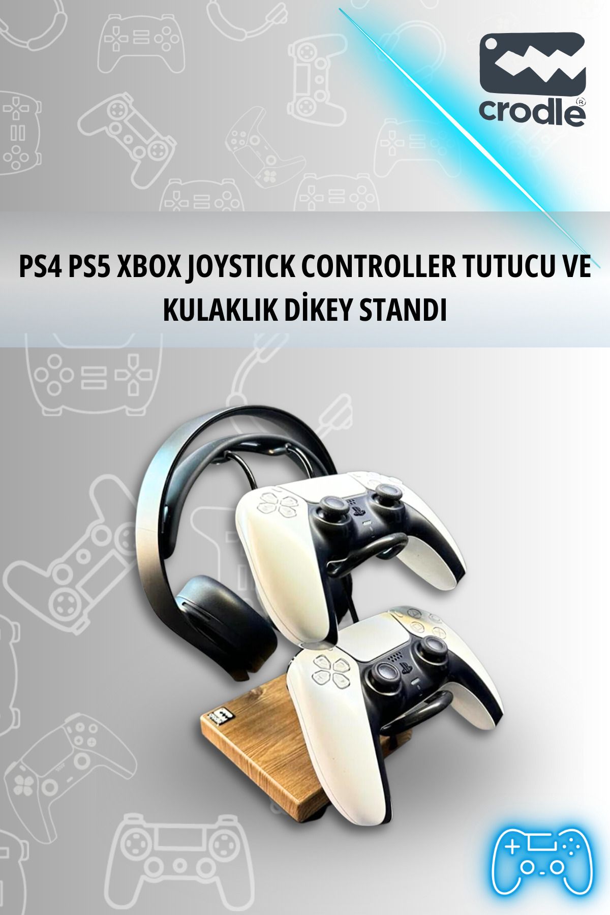 Crodle Ceviz Ahşap Ve Siyah Metal Gaming Ps4 Ps5 Xbox Joystick Kontroller Tutucu Ve Kulaklık Dikey Standı