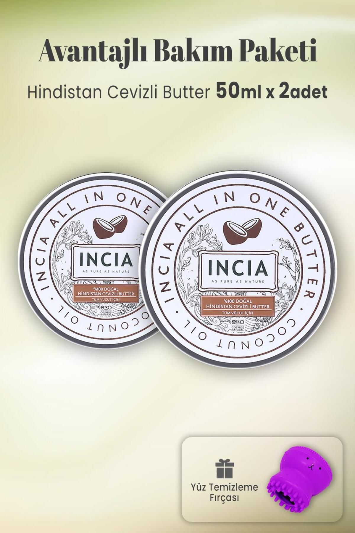 INCIA %100 Doğal Tüm Vücut İçin Butter Yoğun Nemlendirici Krem Hindistan Cevizli Organik 50 ml X 2 Adet