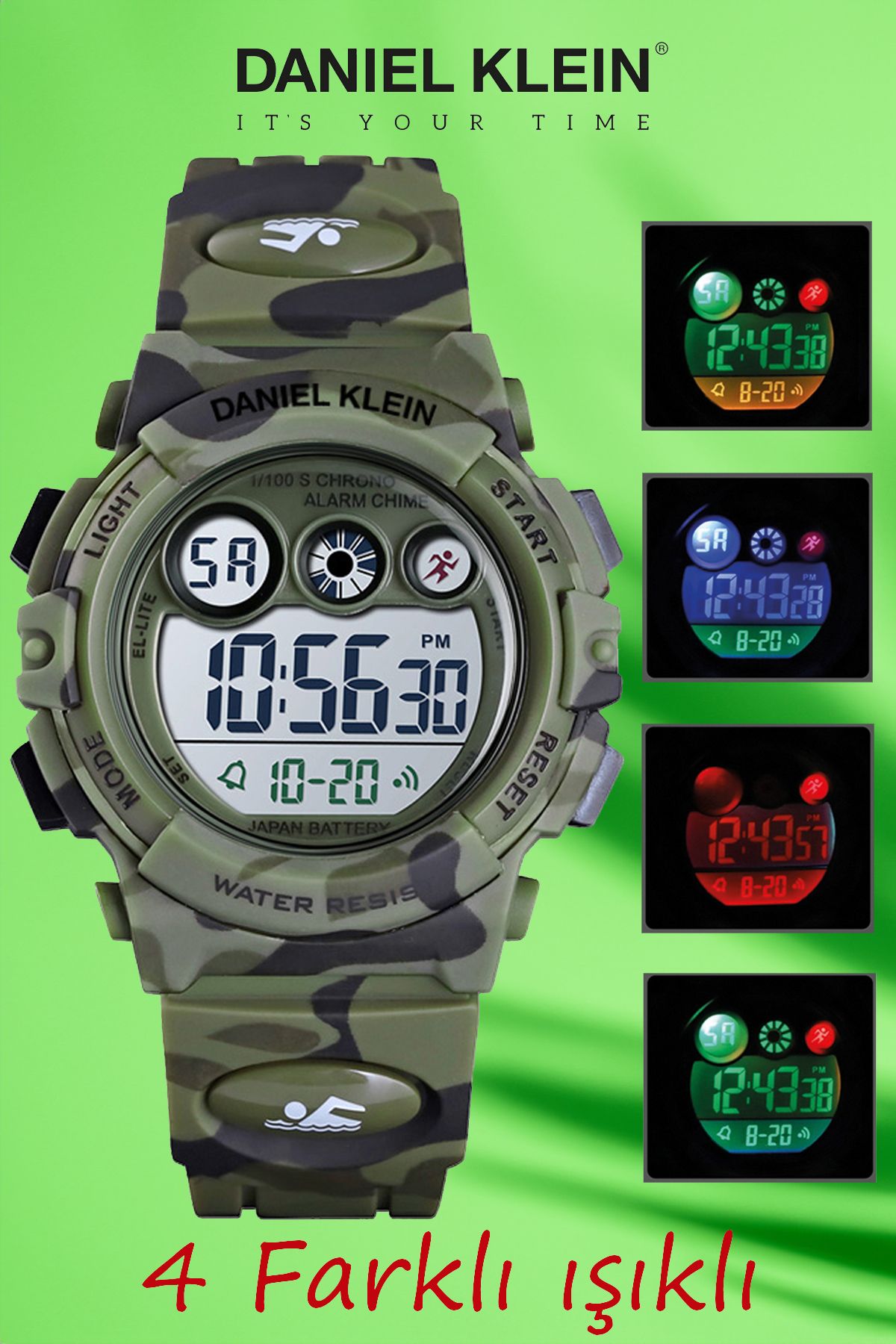 Daniel Klein 5-10 Yaş için Alarm ve Kronometre Özellikli, 4 Farklı Işıklı Asker Yeşili Kamuflaj Çocuk Kol Saati