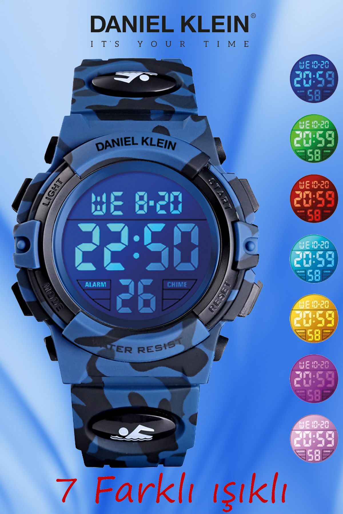 Daniel Klein 8-12 Yaş için Alarm ve Kronometre Özellikli, 7 Farklı Işıklı Koyu Mavi Kamuflaj Çocuk Kol Saati