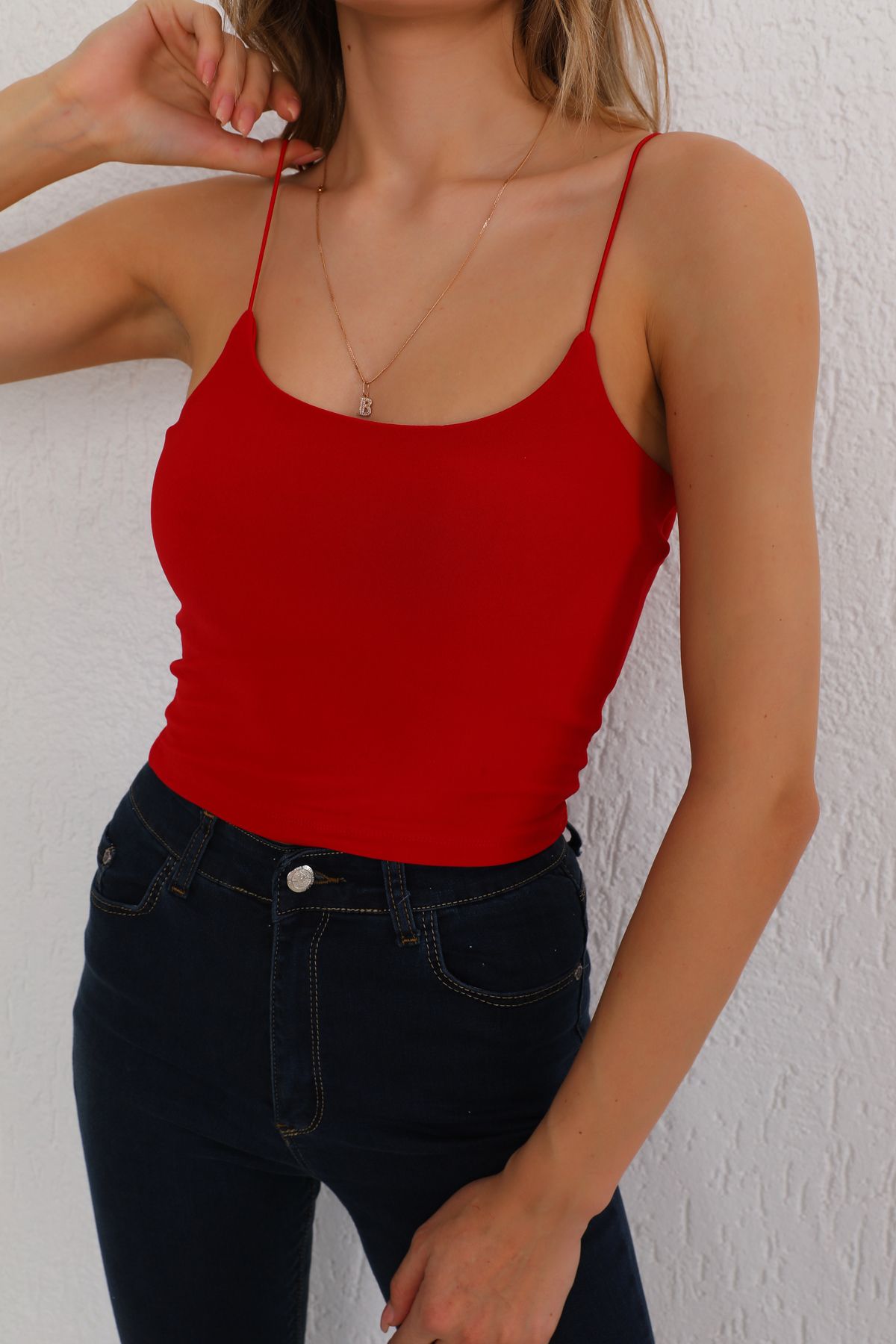 BİKELİFE Kadın Kırmızı Pamuklu İp askılı Crop Bluz