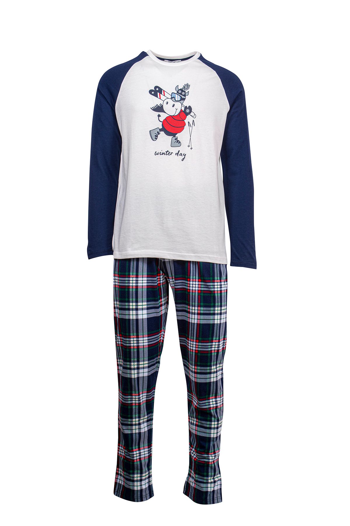 BSM Erkek Yüksek Kalite Baba Oğul Pamuklu Rahat Uzun Kol Baskılı Ekose Krem Pijama Takımı
