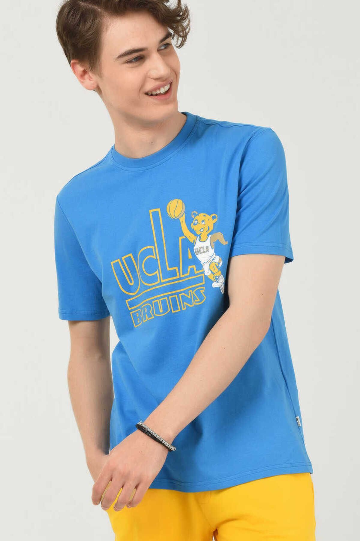 Ucla Pınole Mavi Bisiklet Yaka Baskılı Erkek T-shirt