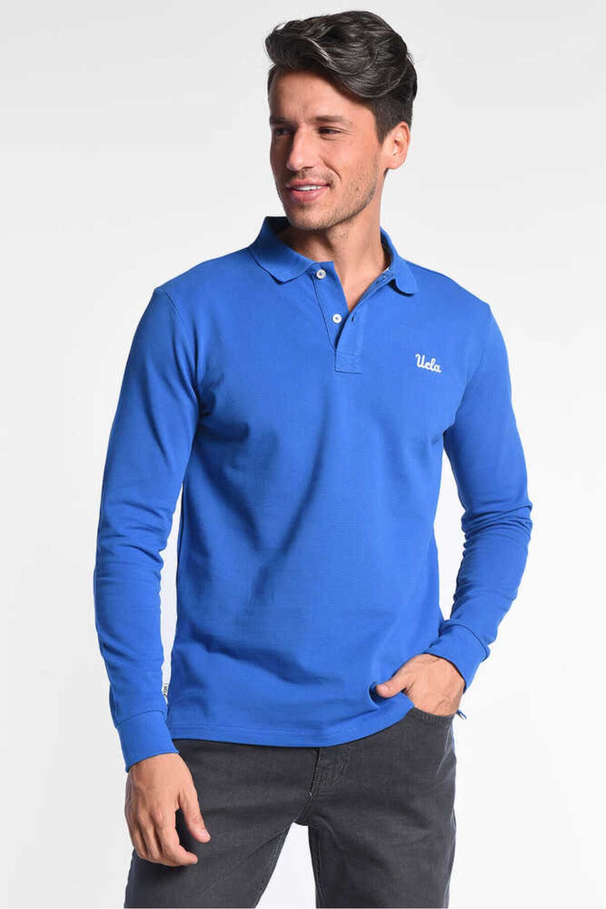 Ucla Gustıne Mavi Polo Yaka Nakışlı Erkek Sweatshirt