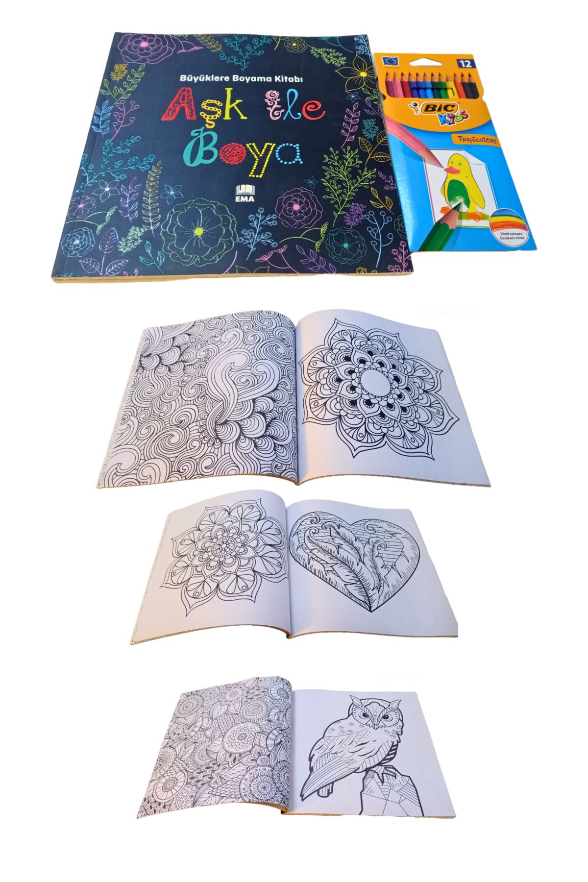 Bic Mandala Boyama Kitabı Yetişkinler için ve Bic Marka 12 Renk Kuru Boya Kalemi