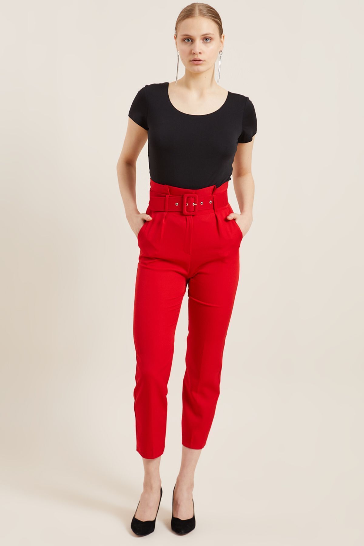 Z GİYİM Kadın Kırmızı Kemerli Yüksek Bel Kumaş Pantolon