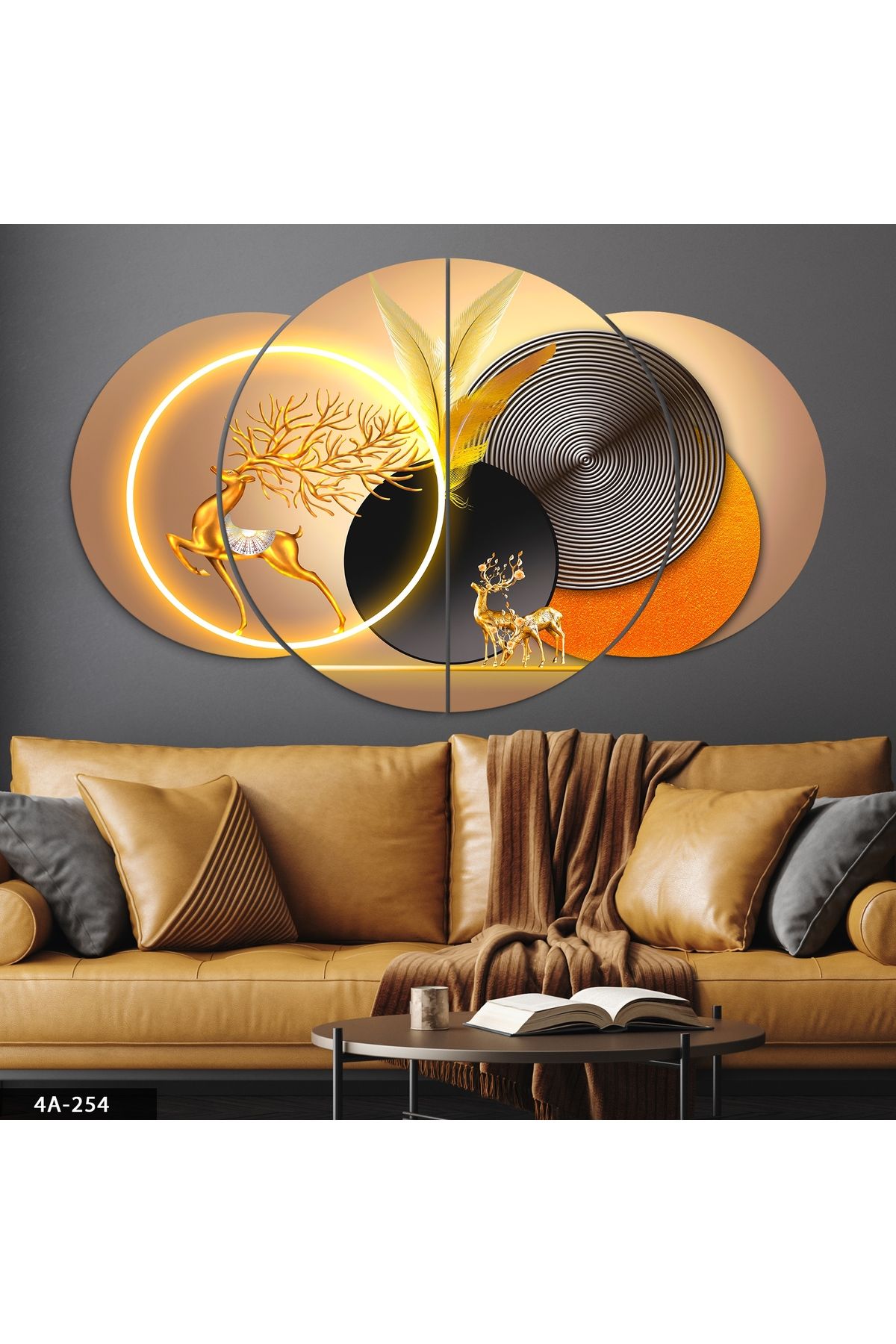 Evinemoda Gold Geyik Geometrik Desenler 4 Parça Mdf Tablo