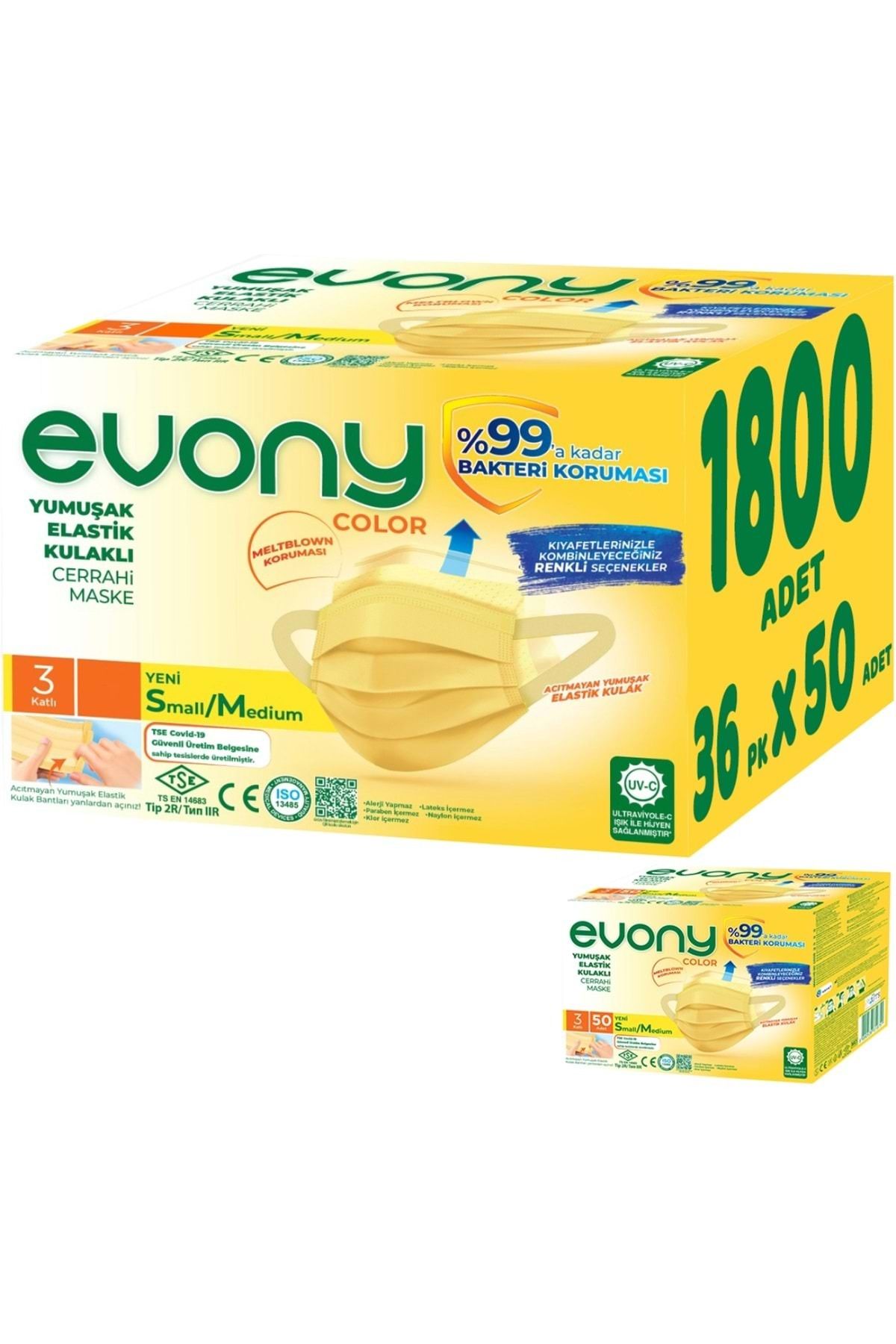 Evony 3 Katlı Filtreli Burun Telli Cerrahi Maske 1800 Lü Set Small/medium Sarı 160*90mm (36pk*50)
