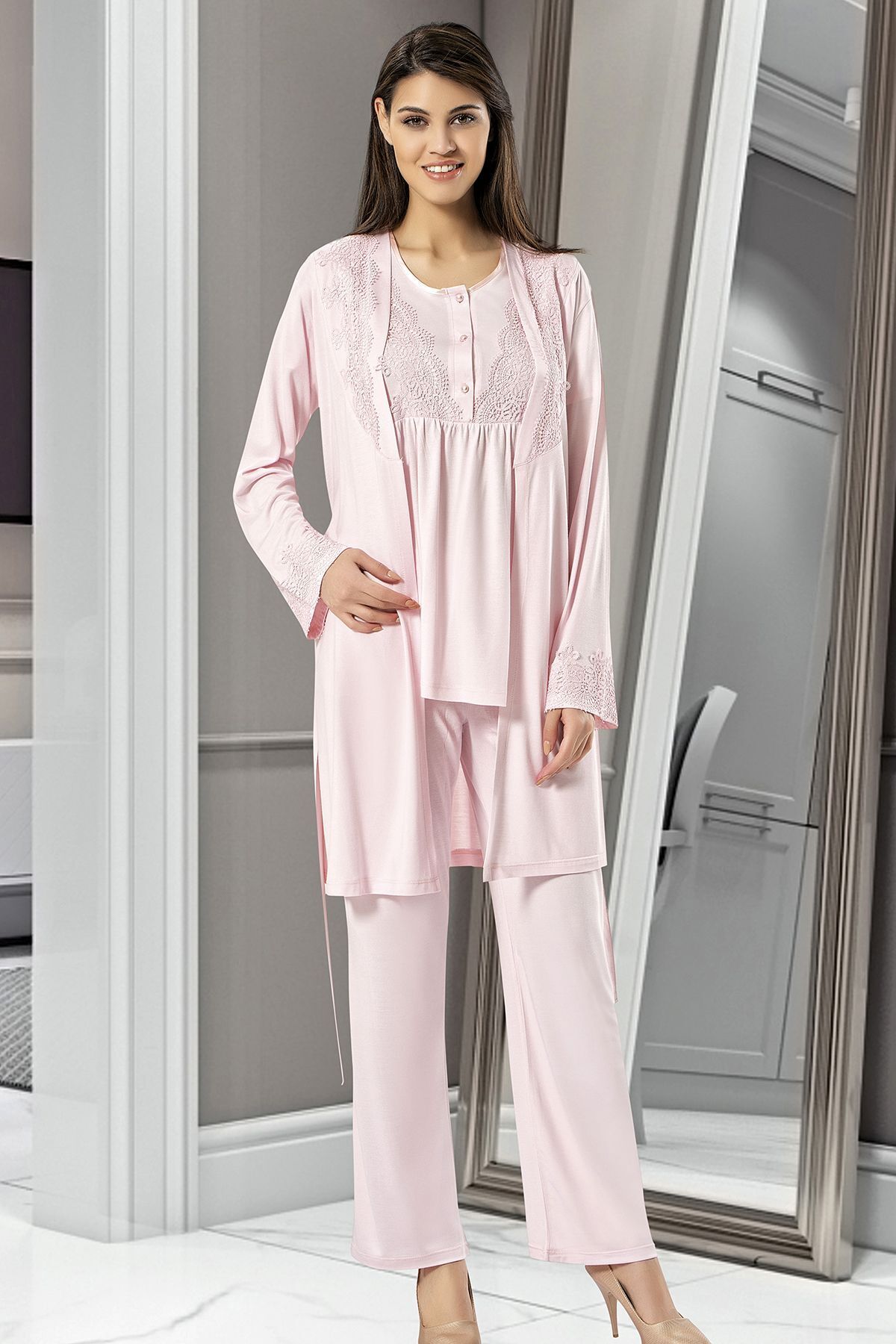 Xses 4001 Kadın Hamile Lohusa Sabahlıklı Pijama Takım-pudra