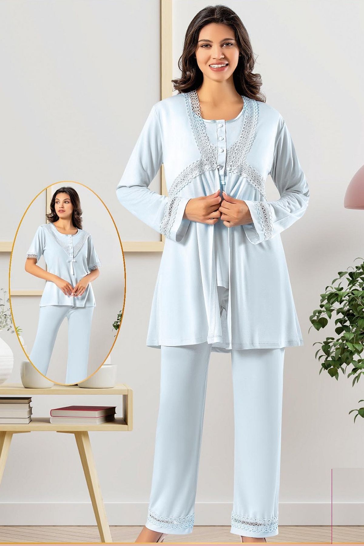 Xses 4850 Kadın Hamile Lohusa Sabahlıklı Pijama Takım-mavi