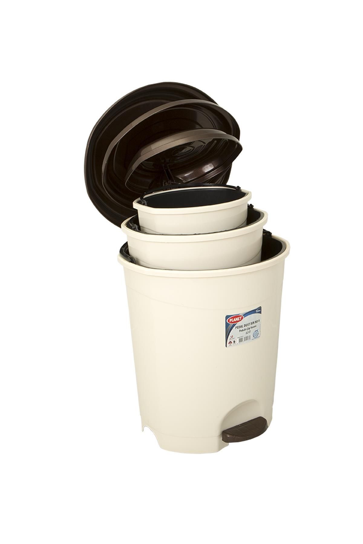 Planet Pedallı Çöp Kovası 3' Lü Set (6-12-22 LT) Yeni Krem / Çikolata Kahve