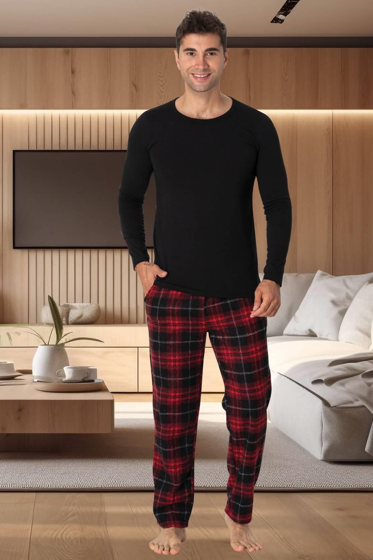 Mecit Pijama Ekoseli Büyük Beden Erkek Pijama Takımı Model cep detaylıdır.