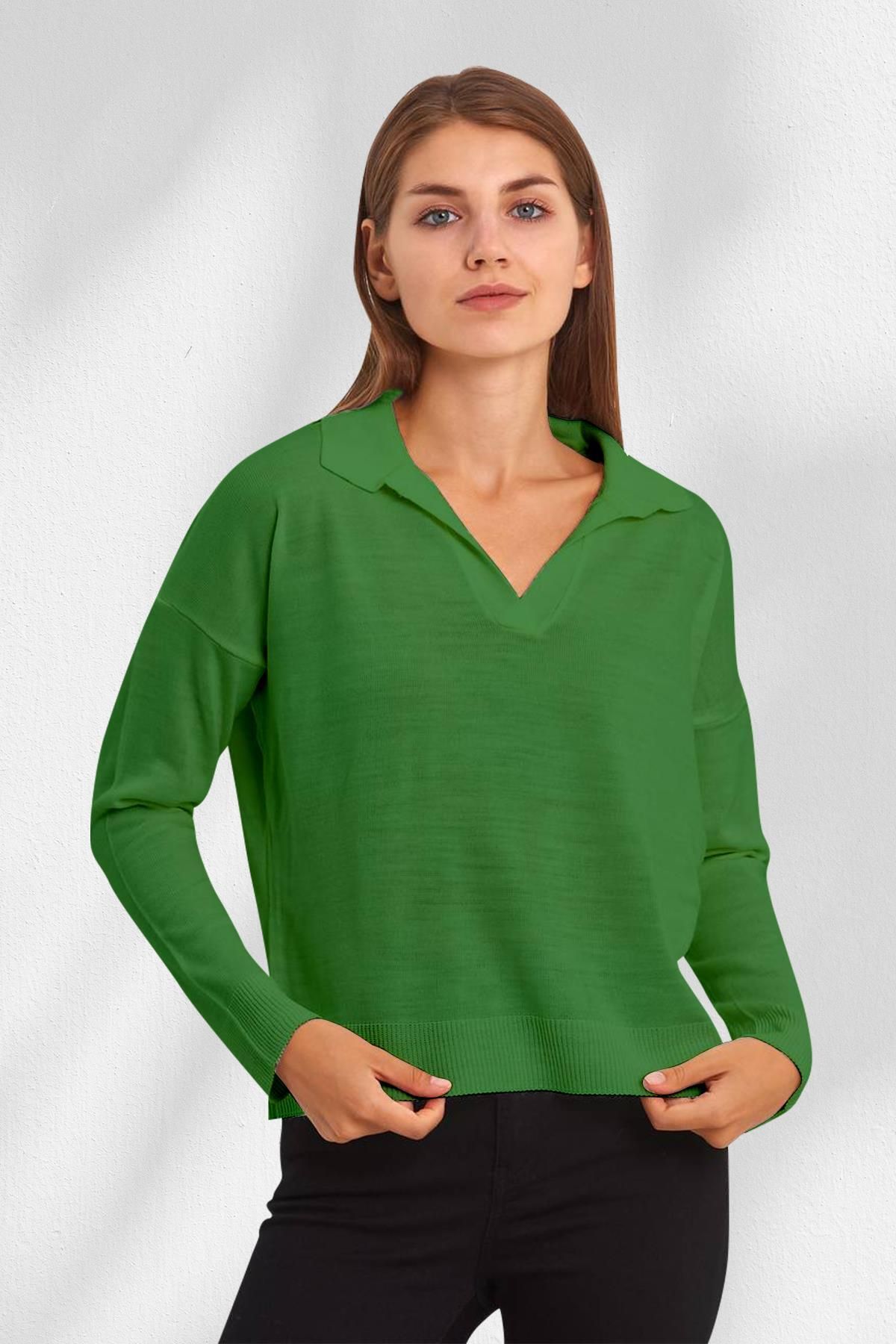 Tena Moda Kadın Yeşil Polo Yaka Triko Kazak