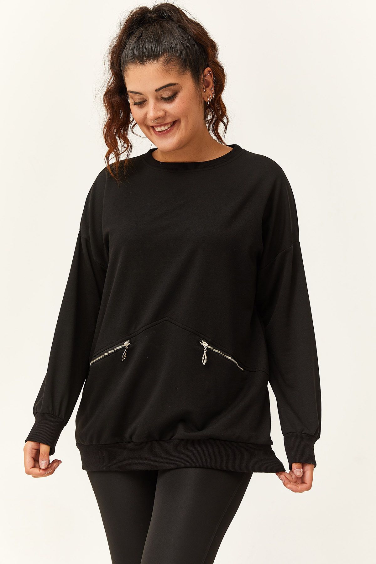 Ebsumu Kadın Büyük Beden Fermuarlı Cep Detaylı Basic Siyah Sweatshirt
