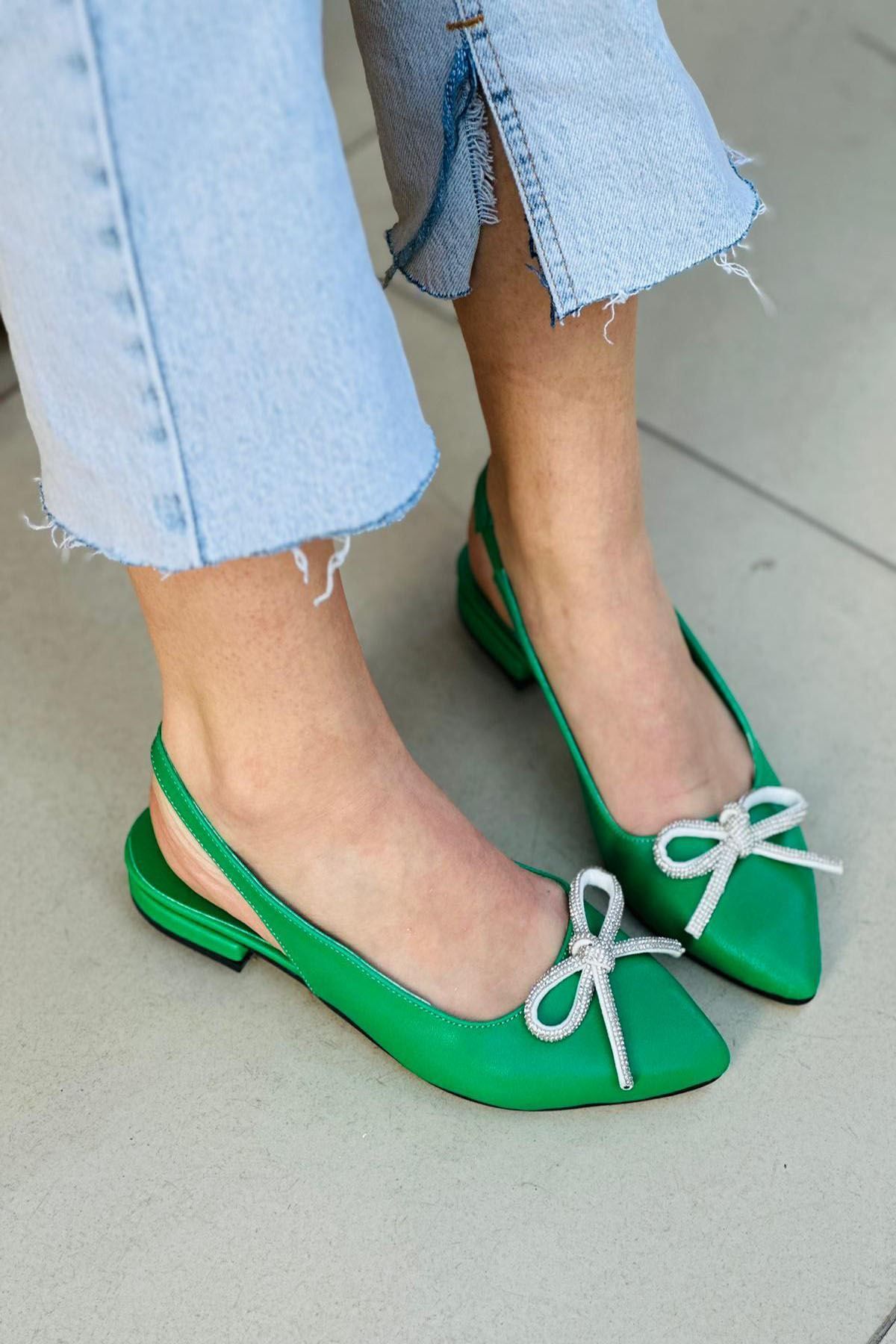 Mida Shoes Ylisa Yeşil Deri Topuklu Kadın Babet