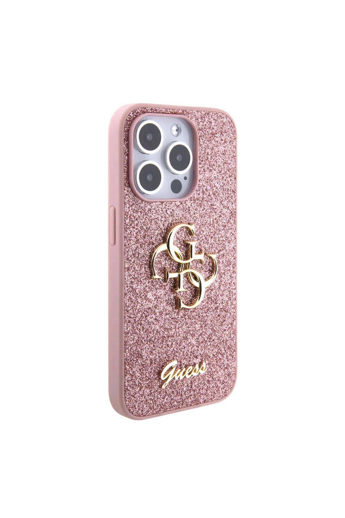 Guess iPhone 15 Pro Max Uyumlu Kılıf Guess Lisanslı 4G Büyük Metal Logolu Glitter Kapak Pembe