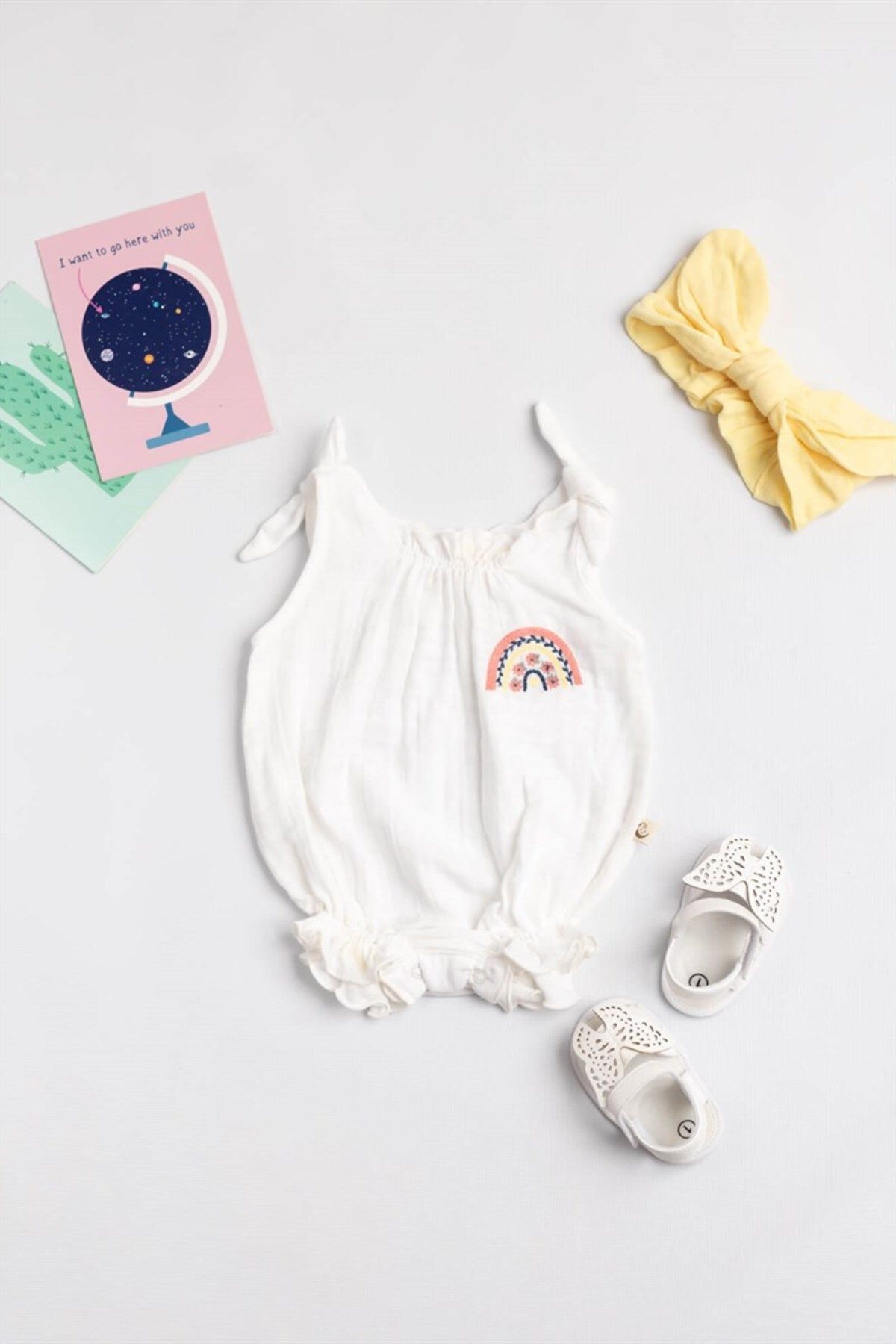 Le Mabelle Beyaz Gökkuşağı Nakışlı Müslin Kız Bebek Tulum Set - Tuly