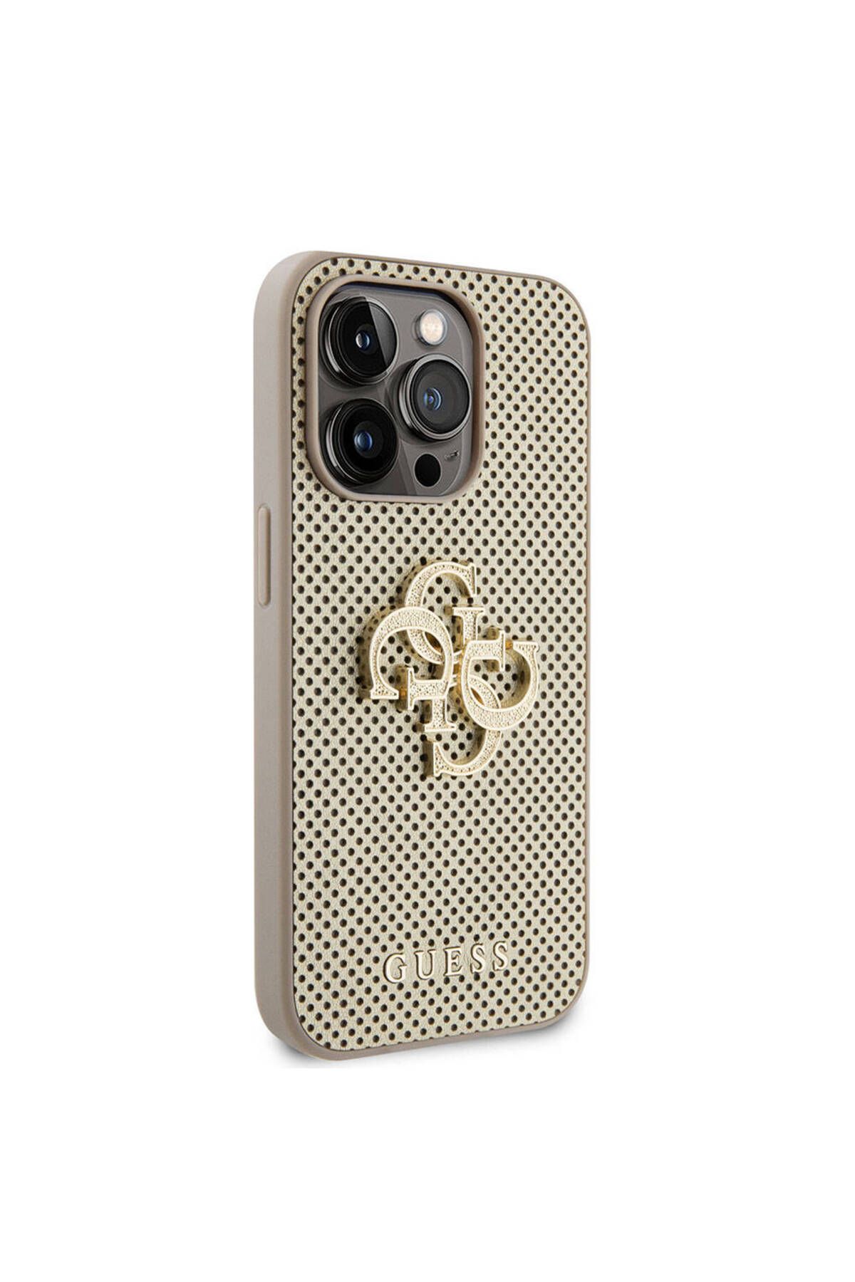 Guess iPhone 15 Pro Uyumlu Kılıf Lisanslı Delikli Yazı ve 4G Glitter Büyük Metal Logo Gold