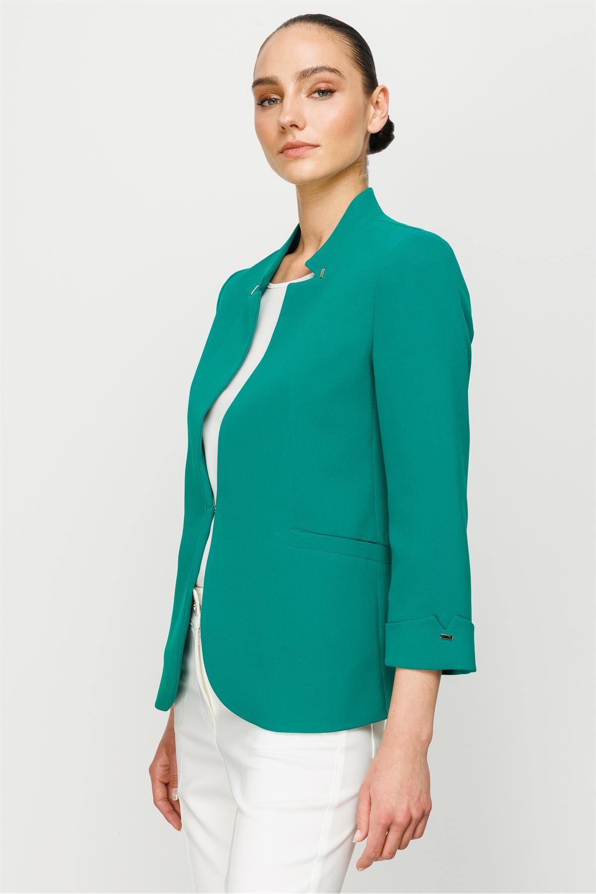 Moda İlgi Modailgi Yaka Ve Kolu Zımba Detaylı Ceket Yeşil