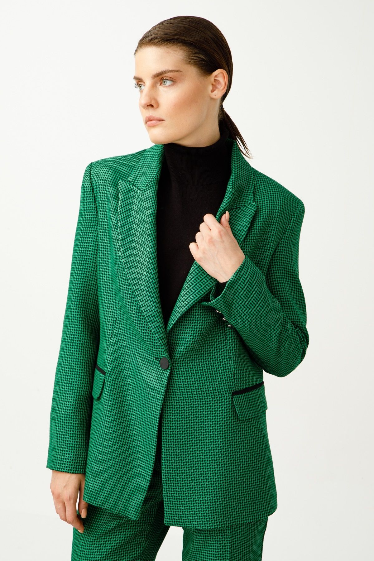 Moda İlgi Modailgi Tek Düğmeli Mono Yaka Kazayağı Ceket Yeşil
