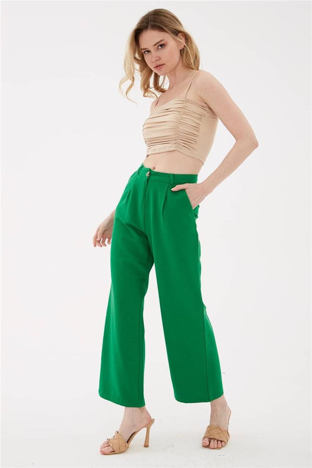 Fashion Friends Pliseli Geniş Paça Pantolon Yeşil / Green
