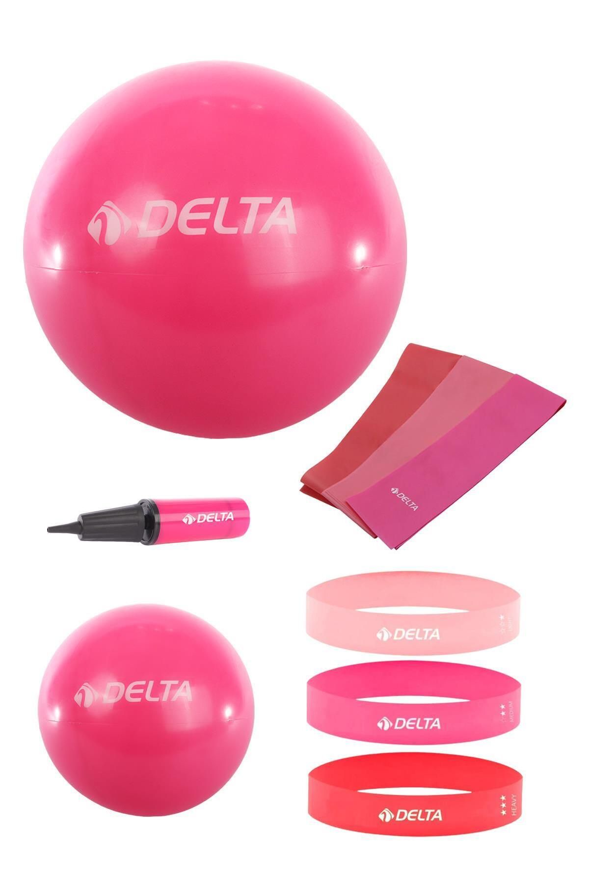 Delta 65-25 cm Pilates Topu 3'lü Pilates Bandı 3'lü Squat Bandı Direnç Lastiği Şişirme Pompası Seti