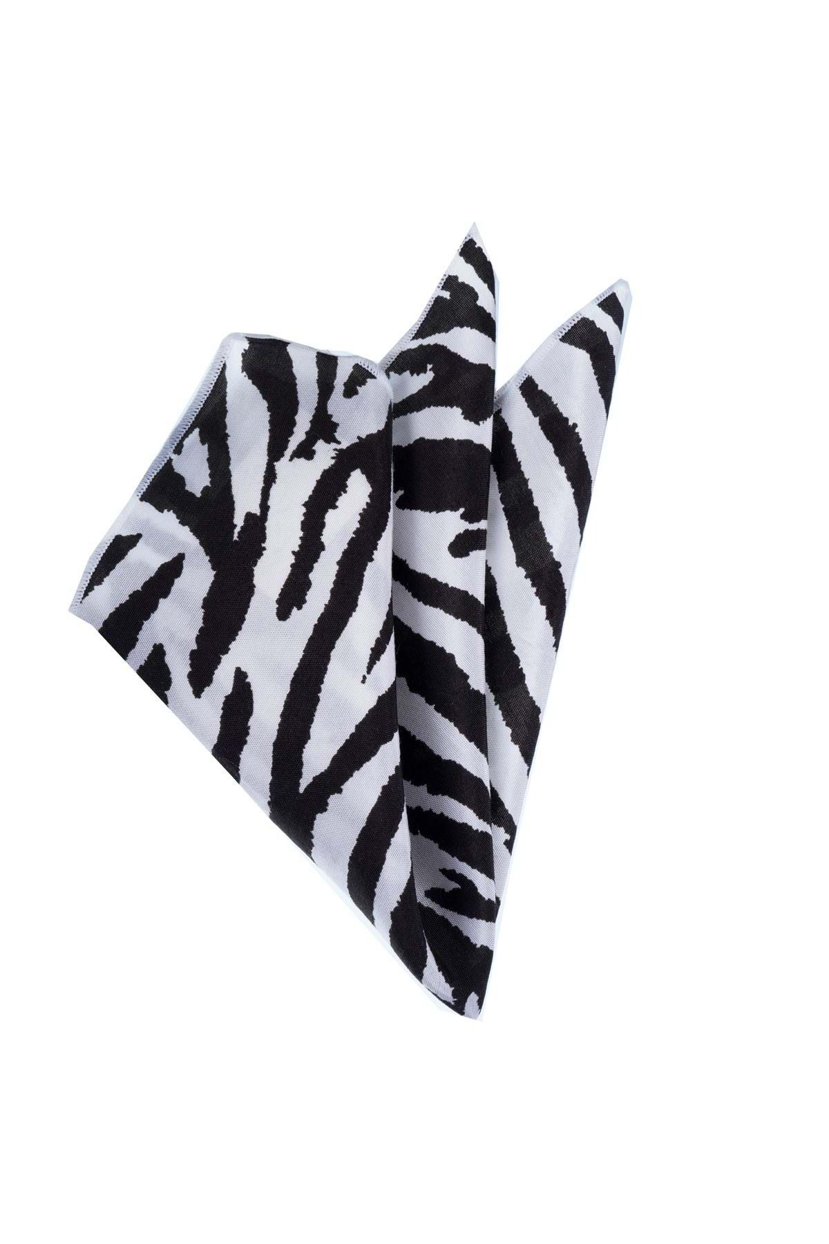 Exve Exclusive Siyah Beyaz Zebra Desenli Natural Viskon Cep Yaka Mendili