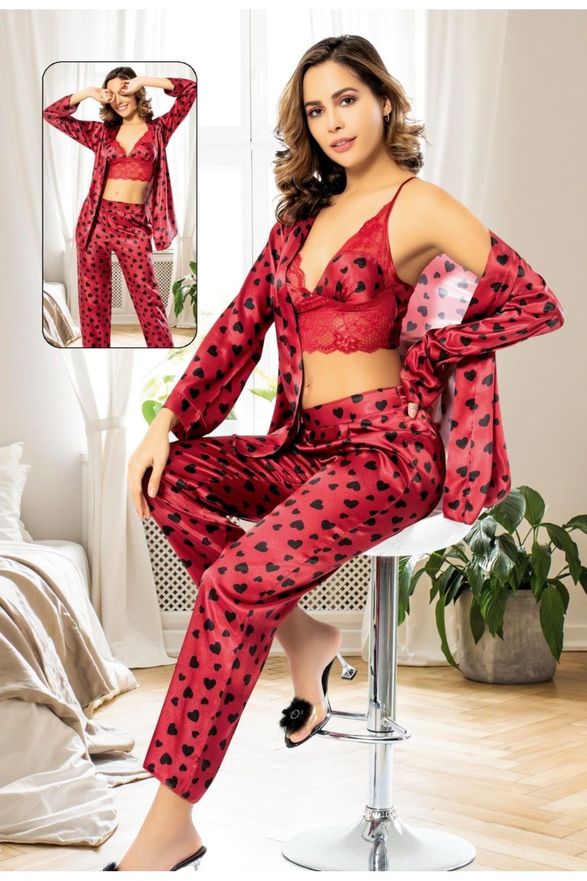 Nilay Kırmızı Kalpli Sabahlıklı Saten Pijama Takımı 3'lü