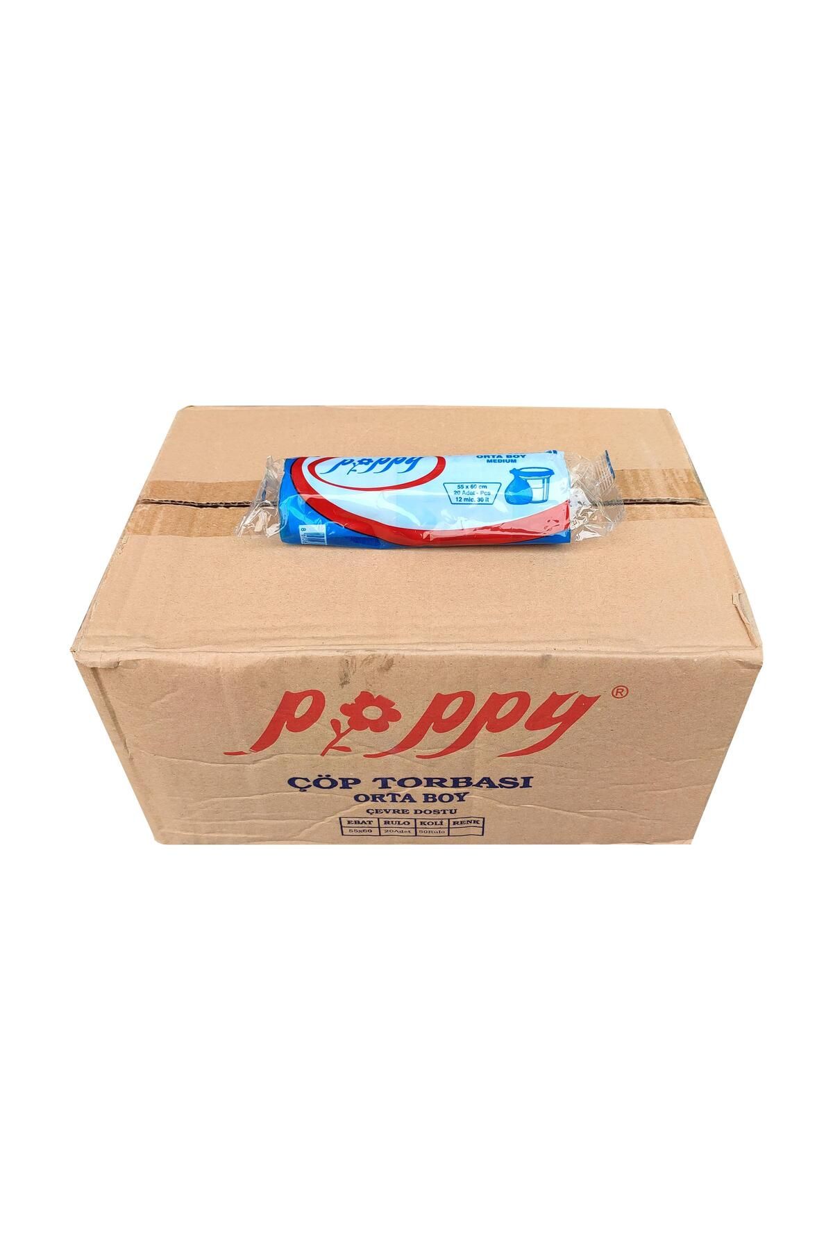 Poppy Mavi Orta Boy 55x60 Cm. 30 Litre Çöp Torbası Poşeti - 20 Adetlik 50 Rulo / 1000 Adet / Koli