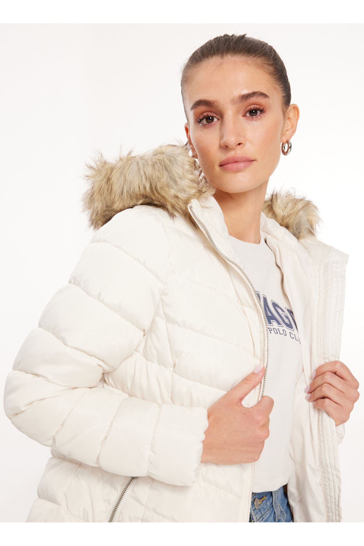 Only Kırık Beyaz Kadın Kaban ONLELLAN QUILTED HOOD FUR COAT CC O