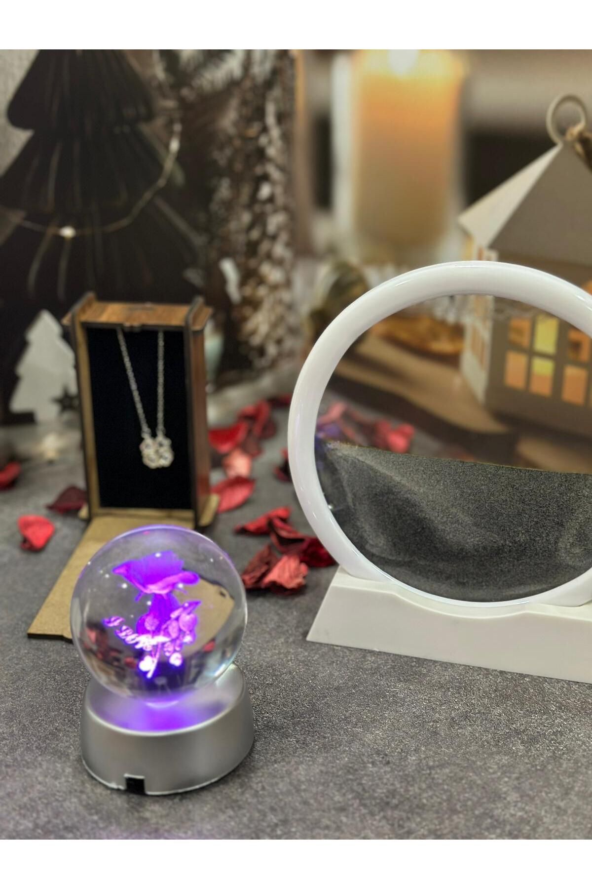 BENT Hareketli Kum Saati 3D Cam Işıklı Küre ve Kalp Kolye Hediye Seti