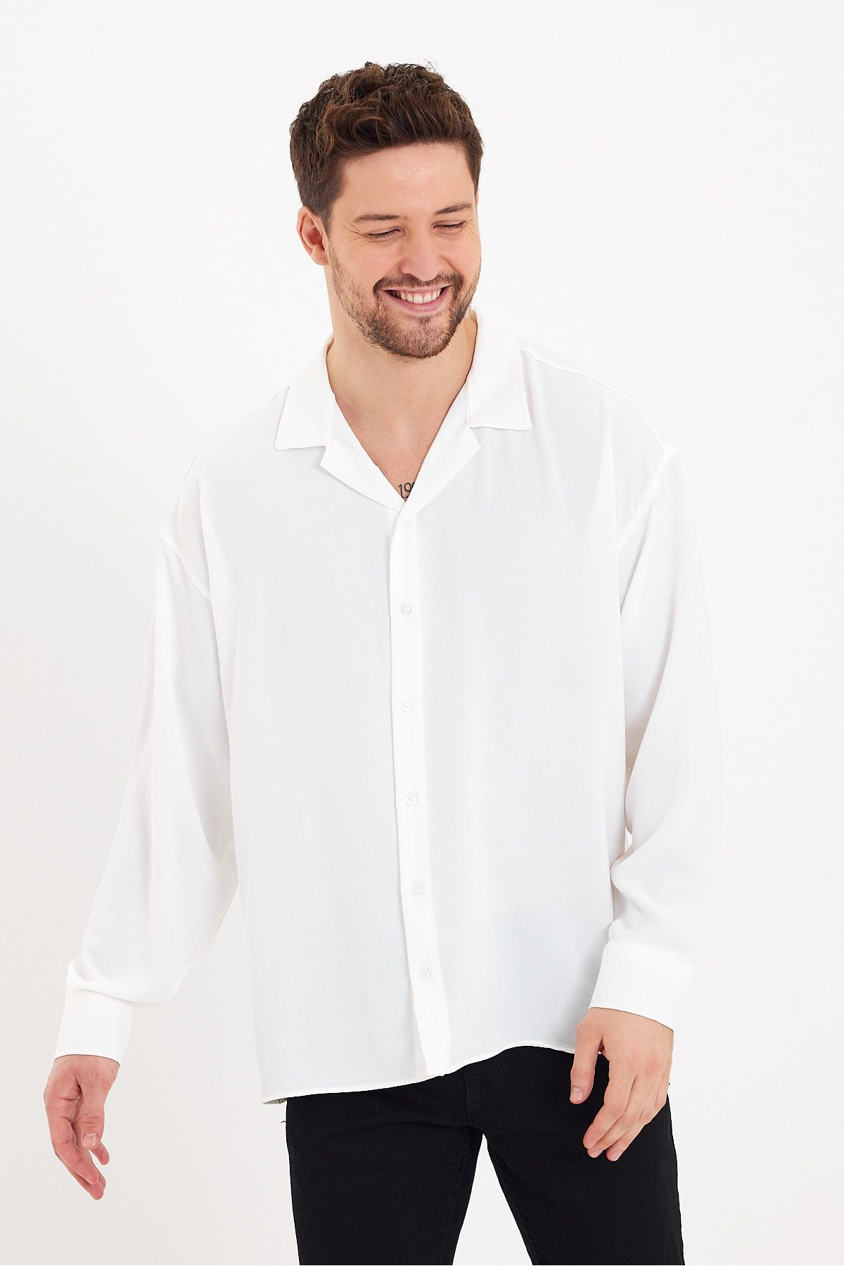 Quik-max Erkek Beyaz Keten Aerobin Bol Kalıp Oversize Salaş Gömlek