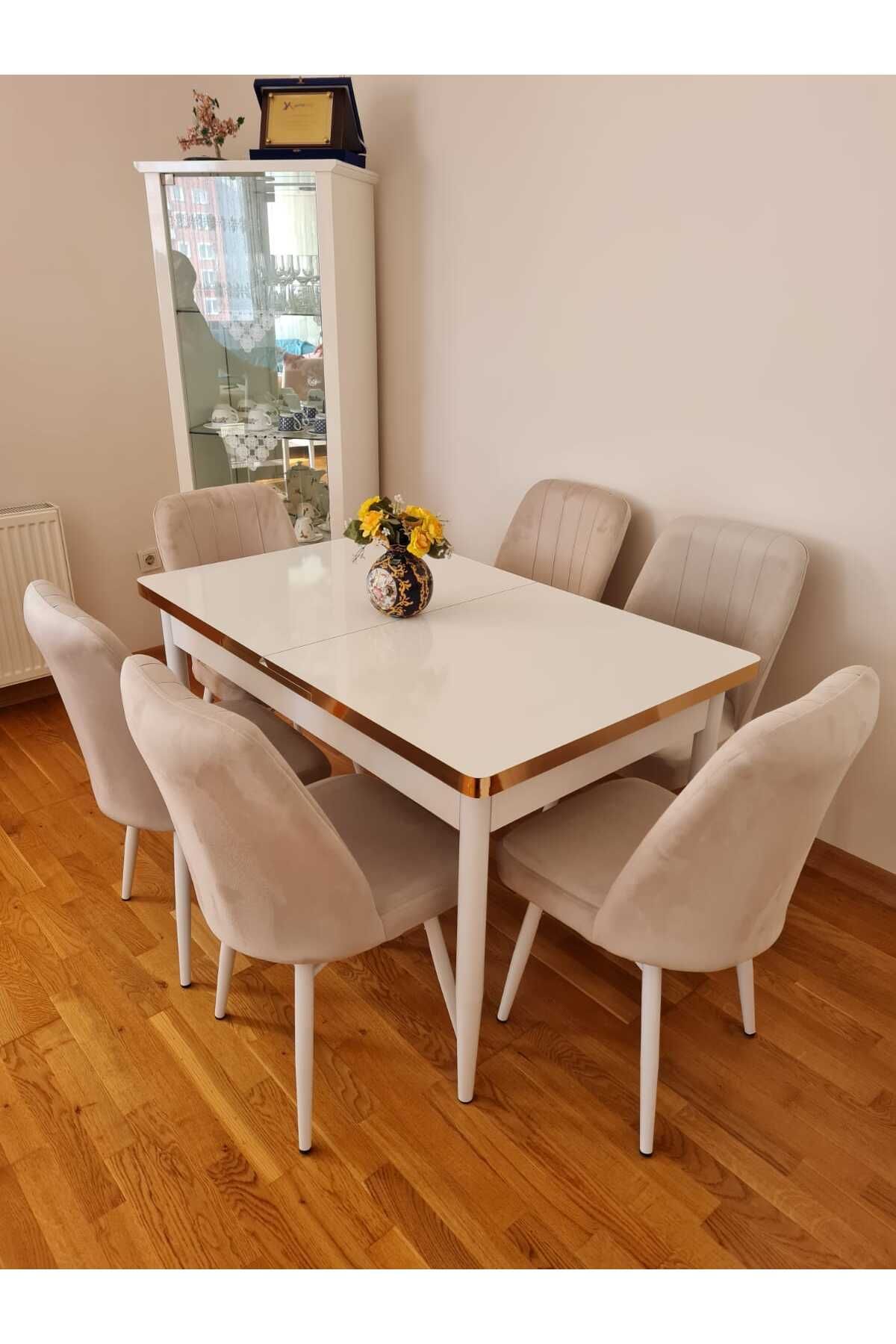 Kristal Evim Mdf Açılır 6 Sandalyeli Yemek Masası Takımı Beyaz Gold