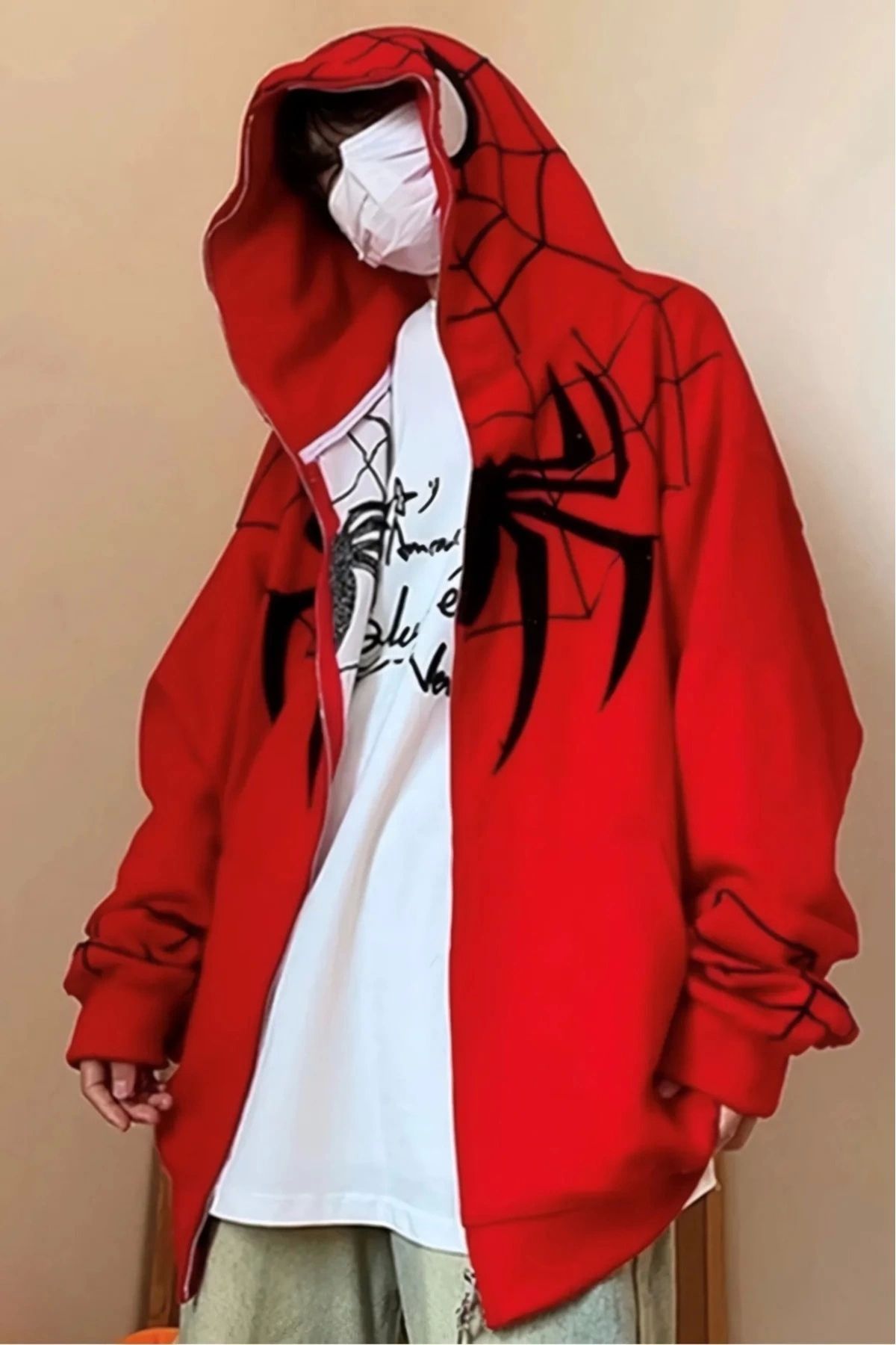 Violon Kırmızı Kapüşonlu Siyah Spiderman Desenli Maske Detay Unisex Oversize Sweatshirt Hırka