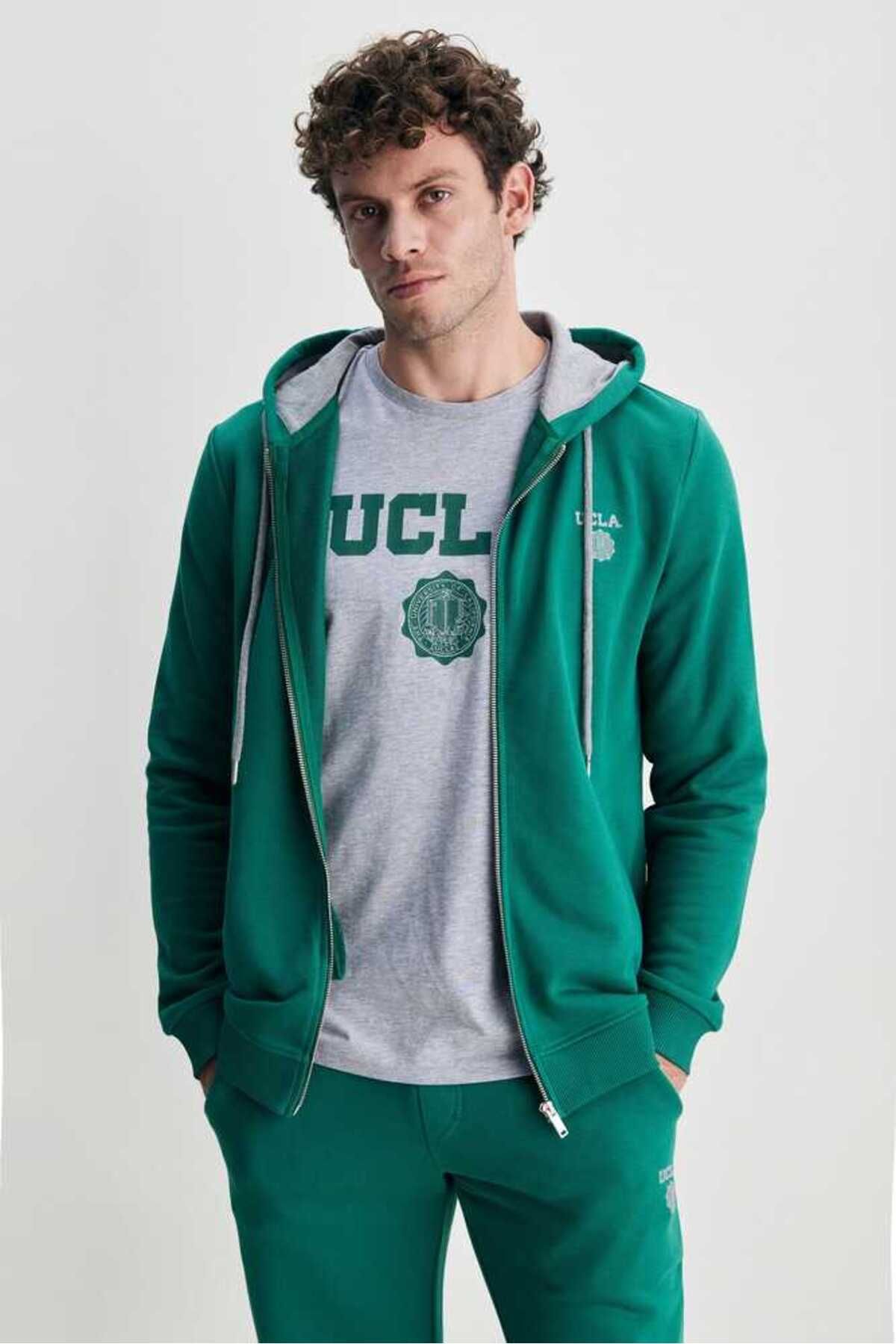 Ucla Hılgard Yeşil Kapüşonlu Ve Fermuarlı Baskılı Standard Fit Erkek Sweatshirt