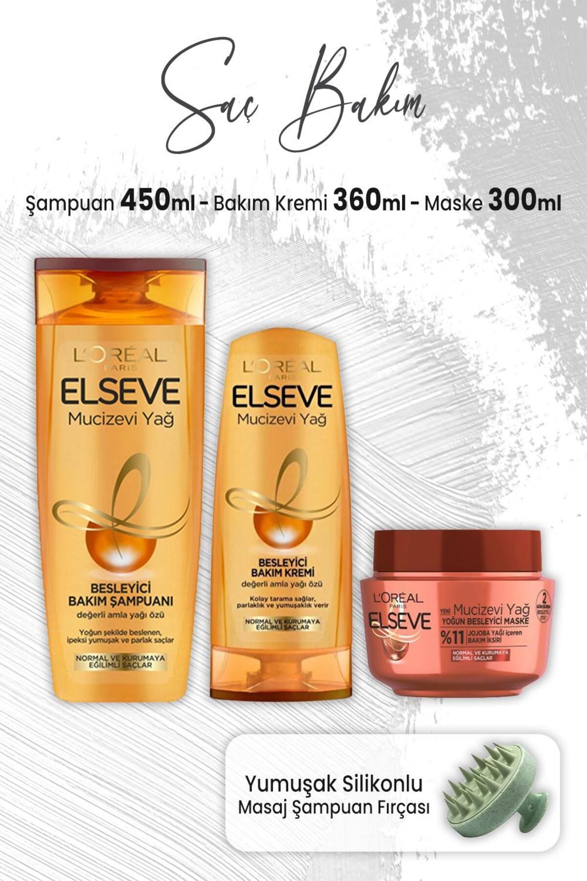 Elseve Mucizevi Yağ Amla Yağı Şampuan 450 ml, Bakım Kremi 360 ml, Maske 300 ml ve Masaj Şampuan Fırç
