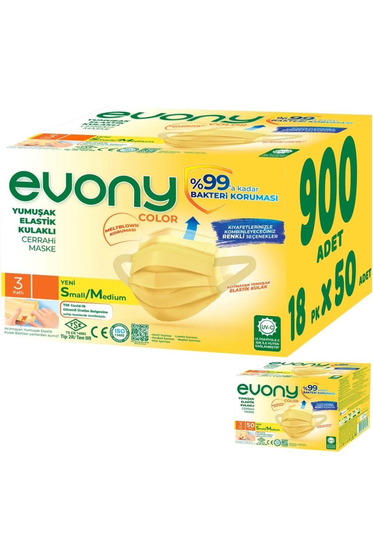 Evony 3 Katlı Filtreli Burun Telli Cerrahi Maske 900 Lü Set Small/medium Sarı 160*90mm (18pk*50)