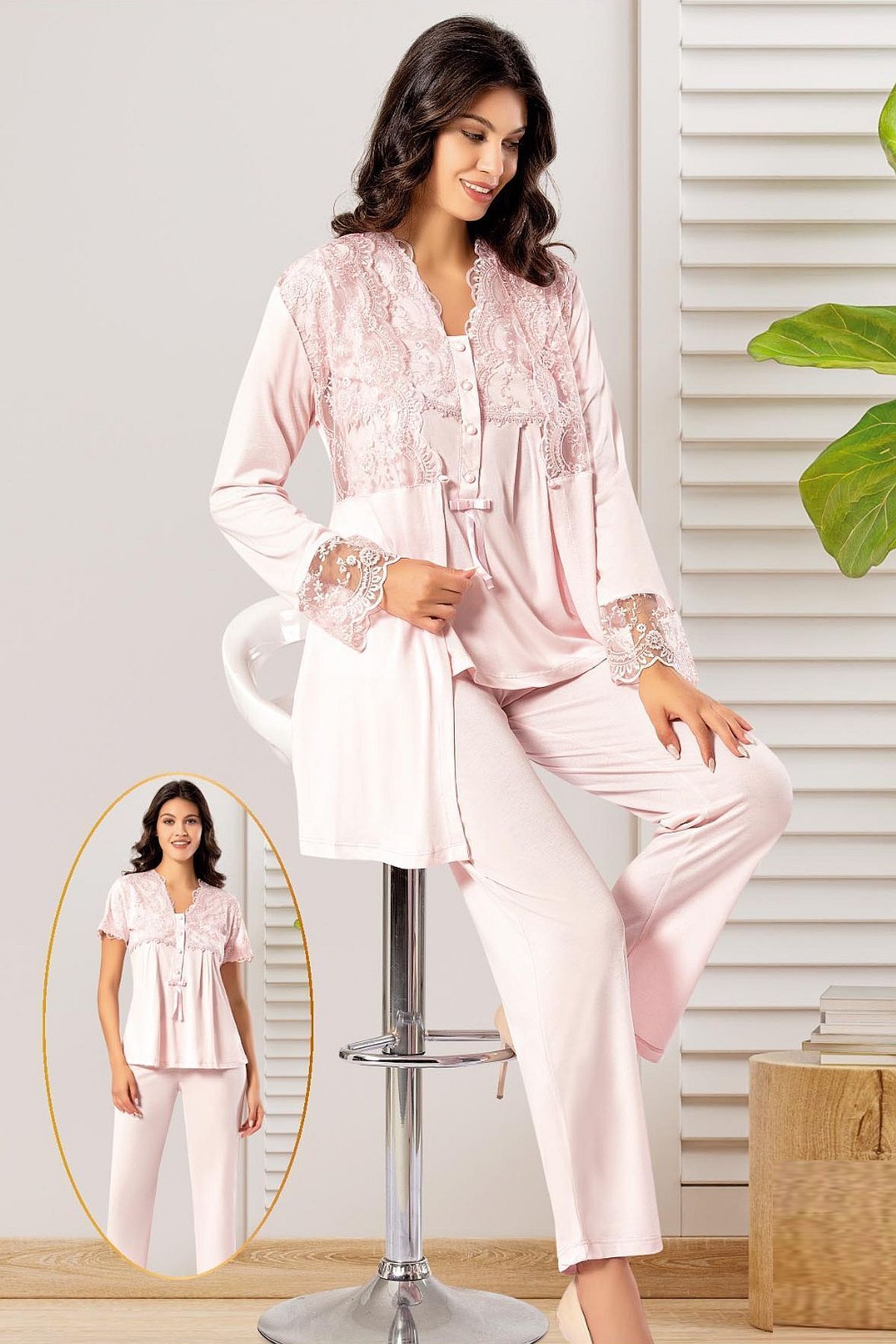 Xses 4300 Kadın Hamile Lohusa Sabahlıklı Pijama Takım-pudra