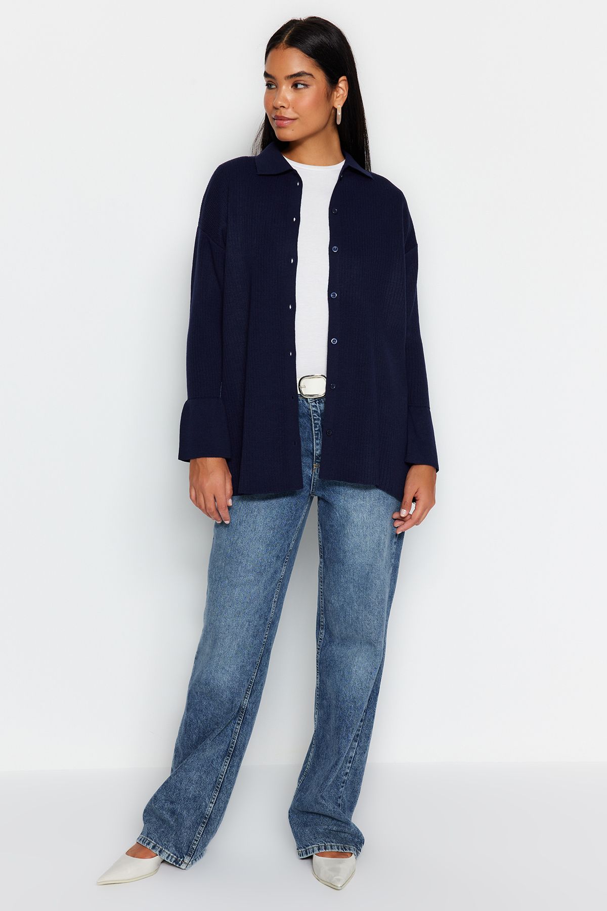 TRENDYOL MODEST Koyu Lacivert Ribana Triko Hırka TCTAW24TH00025