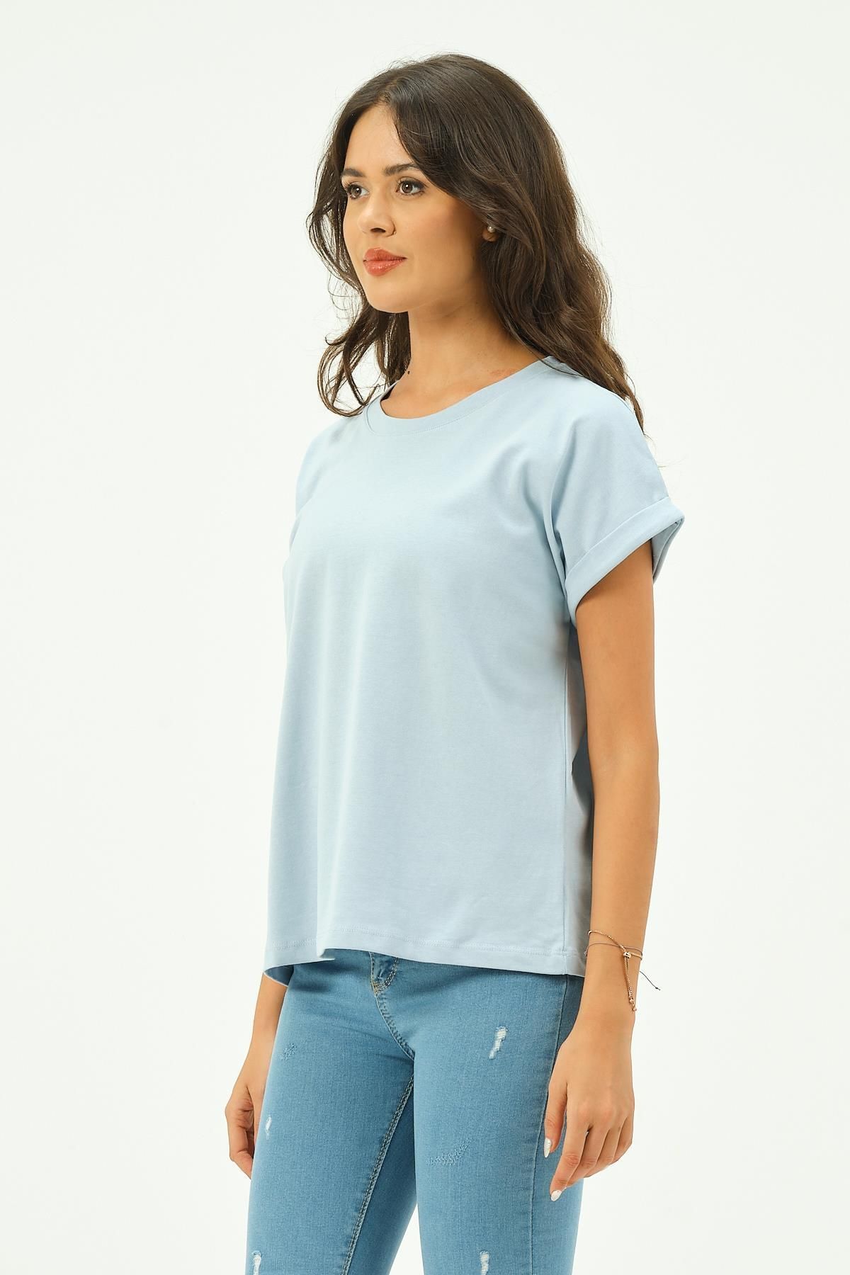 Rich Kadın Düz renk Pamuk Tişört Tshirt Yarasa Kollu