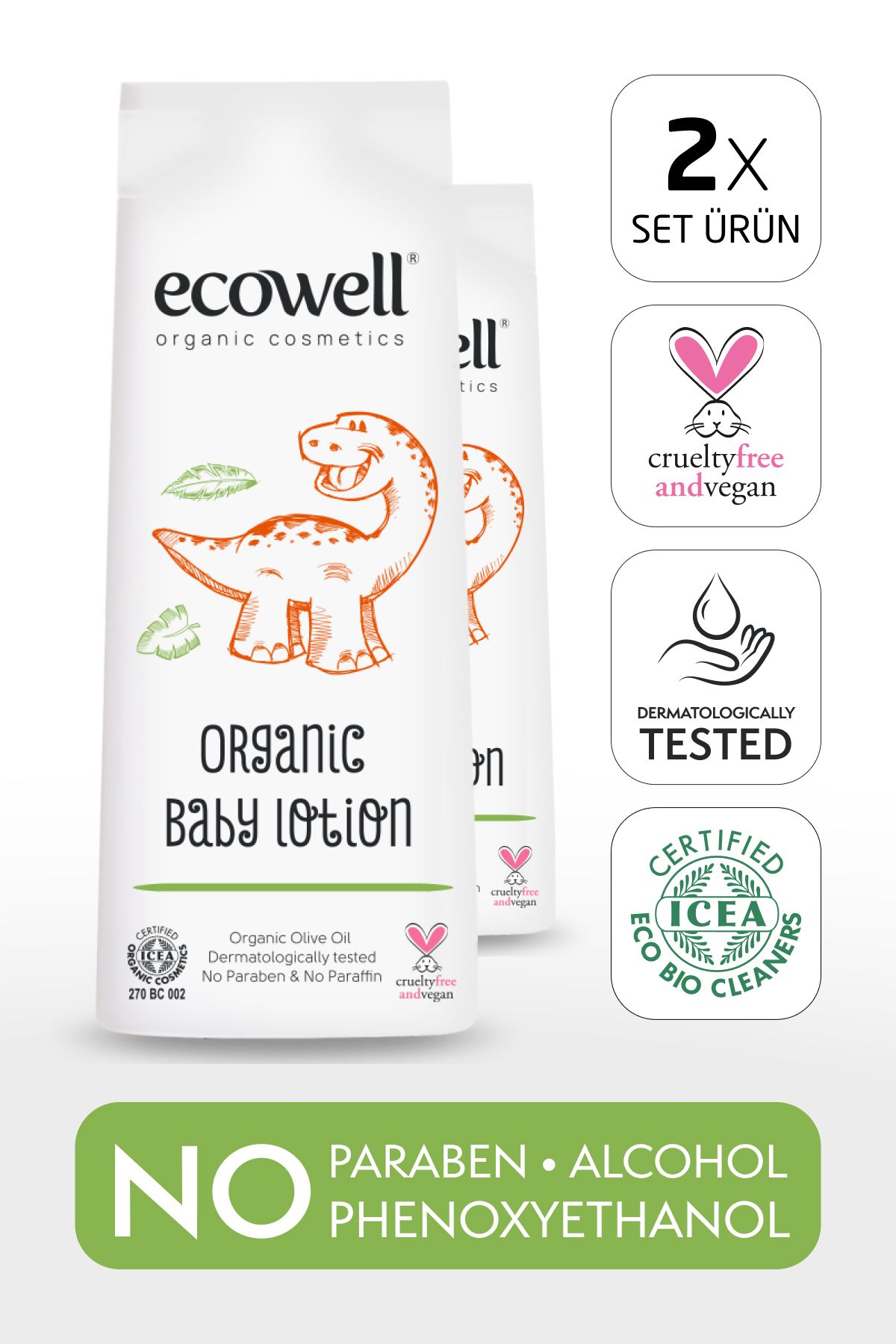 Ecowell Bebek Yüz & Vücut Losyonu Set, Organik & Vegan Sertifikalı, Nemlendirici Krem, Parabensiz 2x300ml