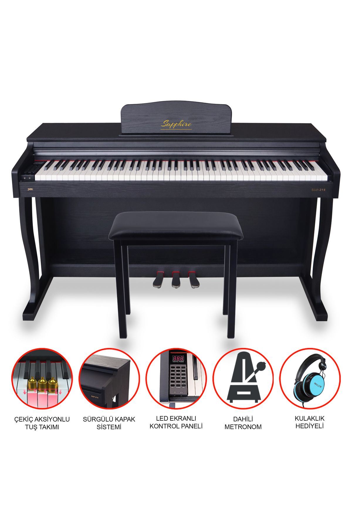 JWIN Sapphire Sdp-215 Siyah Çekiç Aksiyonlu Dijital Piyano Seti - Siyah (TABURE VE KULAKLIK HEDİYELİ)