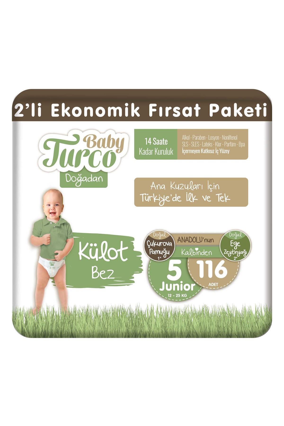 Baby Turco Doğadan 2'Li Ekonomik Fırsat Paketi Külot Bez 5 Numara Junior 116 Adet