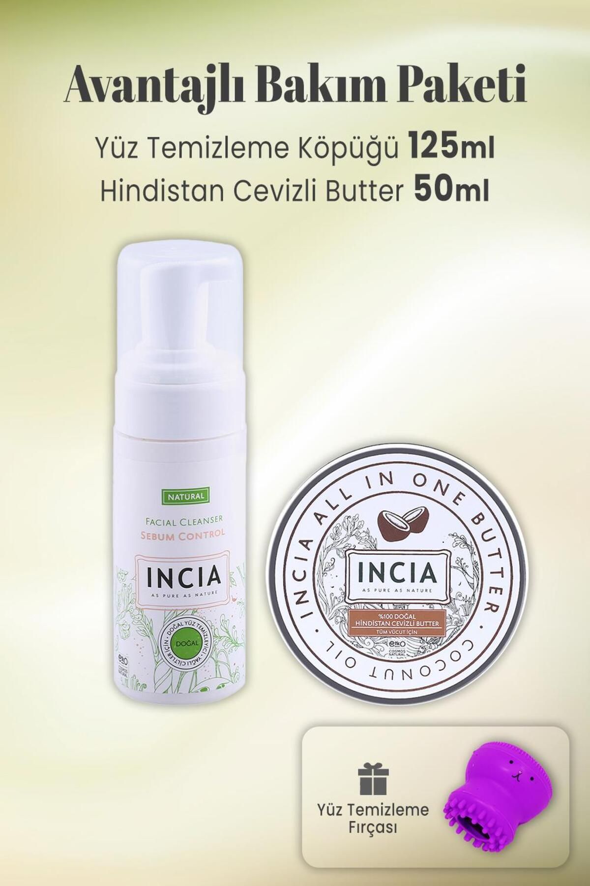 INCIA %100 Doğal Yüz Temizleme Köpüğü Yağlı Cilt 125 ml, Hindistan Cevizli Butter 50 ml ve Ahtapot Mor