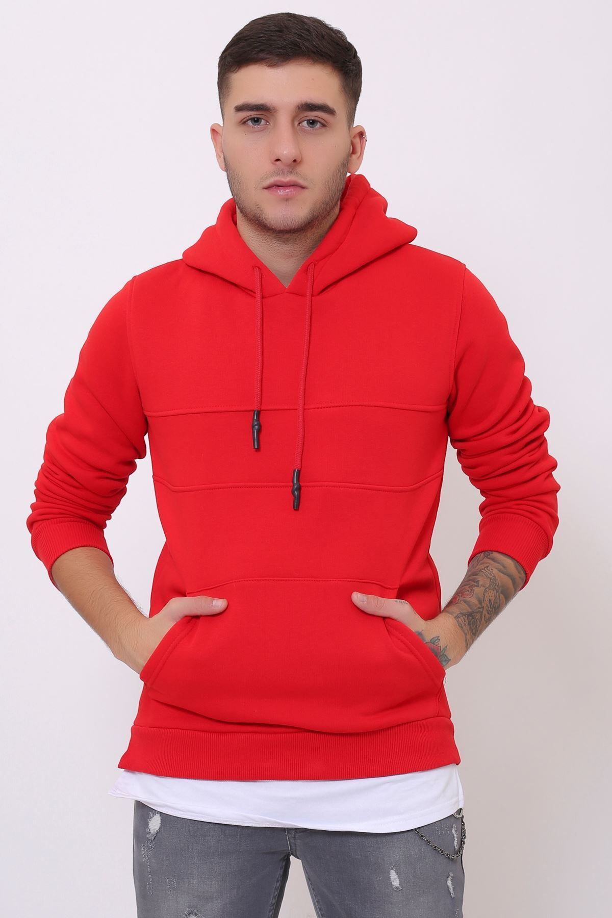 LTC Jeans Kırmızı Erkek Yırtmaç Ve Ek Parçalı Kapüşonlu Kanguru Cepli Sweatshirt