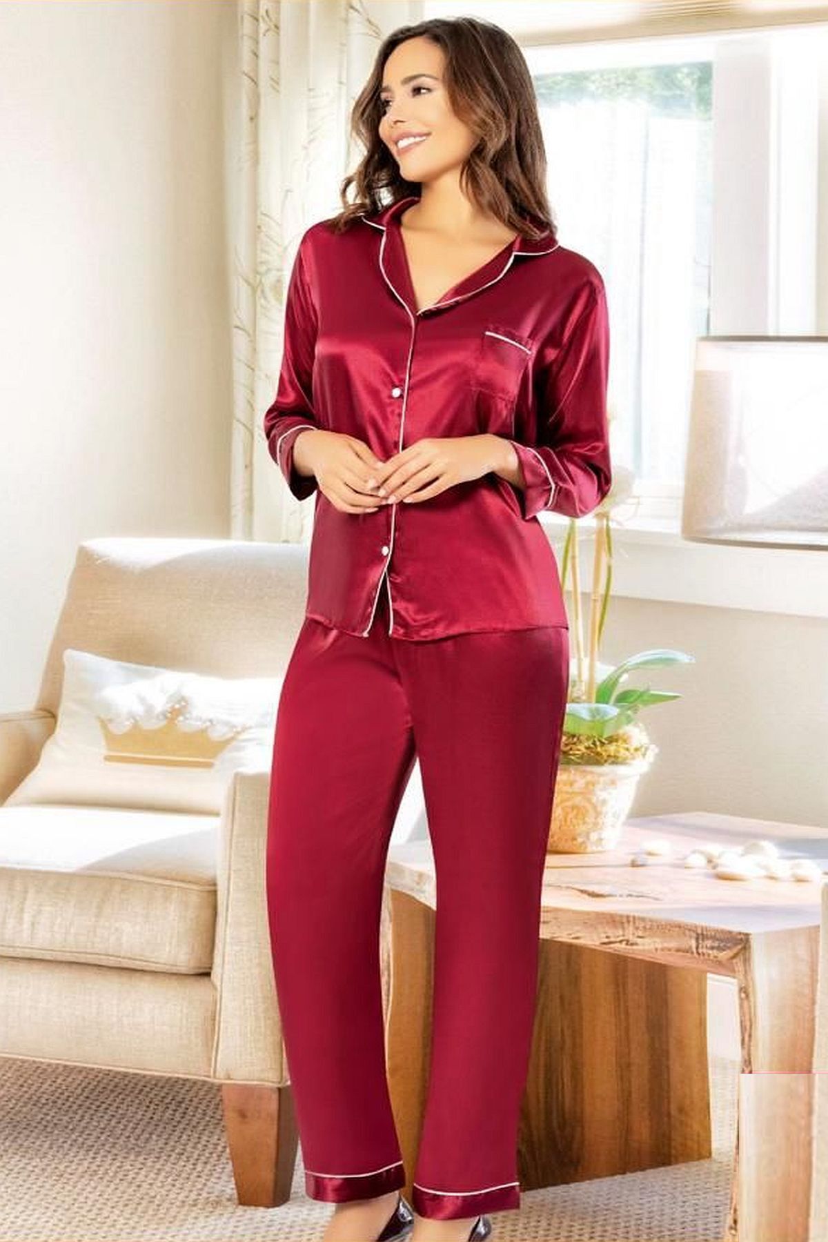 Xses 2105 Kadın Uzun Kollu Saten Pijama Takımı-bordo