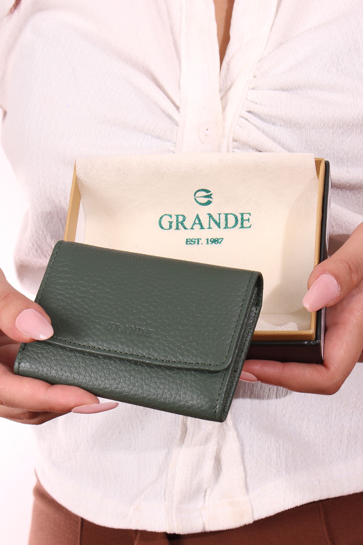 Grande 841 Unisex hakiki deri kartlık akordiyon cüzdan YEŞİL